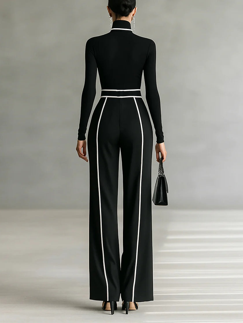 White Trim High-neck Long-sleeved Top With Wide-Leg Trousers and Belt Set