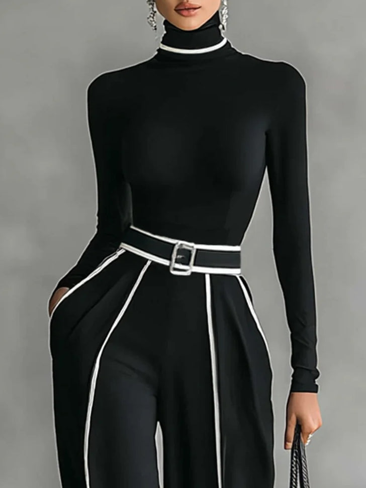 White Trim High-neck Long-sleeved Top With Wide-Leg Trousers and Belt Set