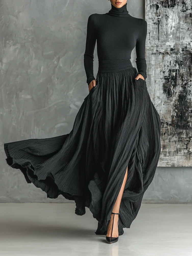 Coordinated Fashion All Black Skinny Turtleneck T-shirt Pleated Skirt Set