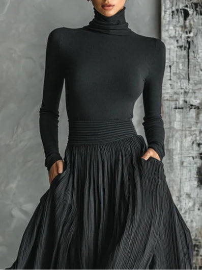 Coordinated Fashion All Black Skinny Turtleneck T-shirt Pleated Skirt Set