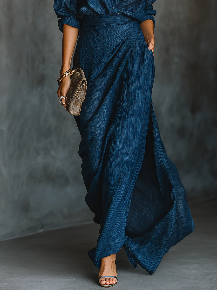 Refined Dark Blue Cotton And Linen Blend Shirt Long Skirt Set