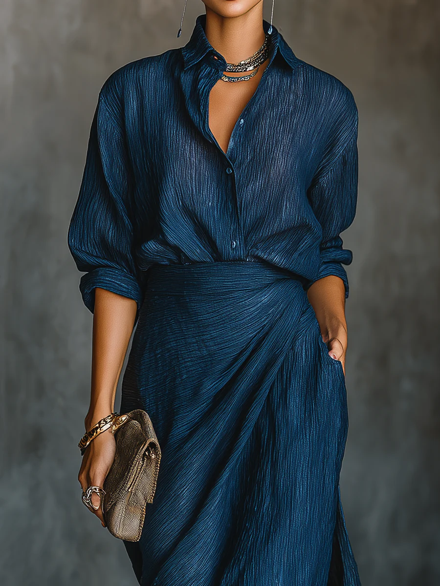 Refined Dark Blue Cotton And Linen Blend Shirt Long Skirt Set
