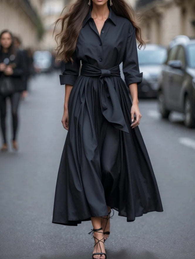 Refined Long-sleeved Shirt-style Tie Maxi-Length Dress