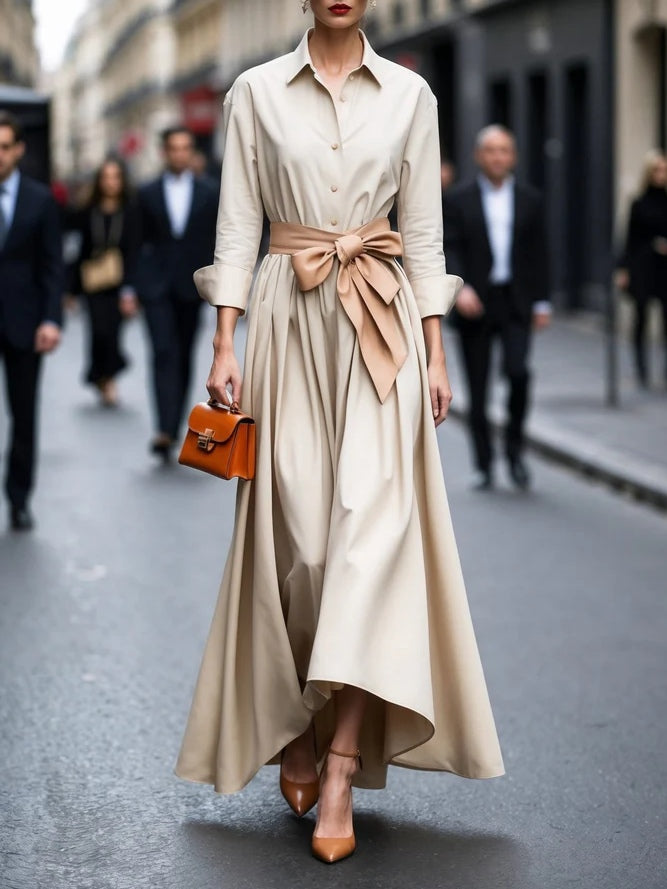 Refined Long-sleeved Shirt-style Tie Maxi-Length Dress