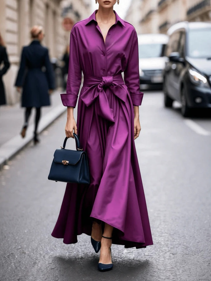 Refined Long-sleeved Shirt-style Tie Maxi-Length Dress