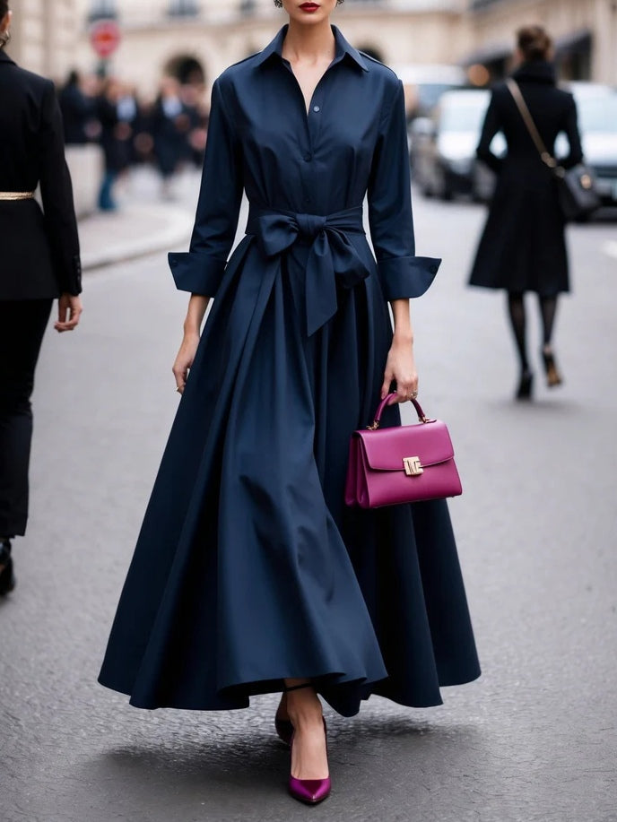 Refined Long-sleeved Shirt-style Tie Maxi-Length Dress