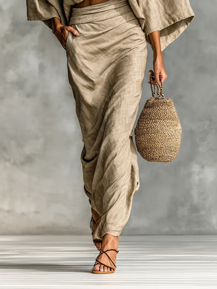 Coordinated Cotton And Linen Blend Bat Sleeve Long Skirt Two-Piece Set