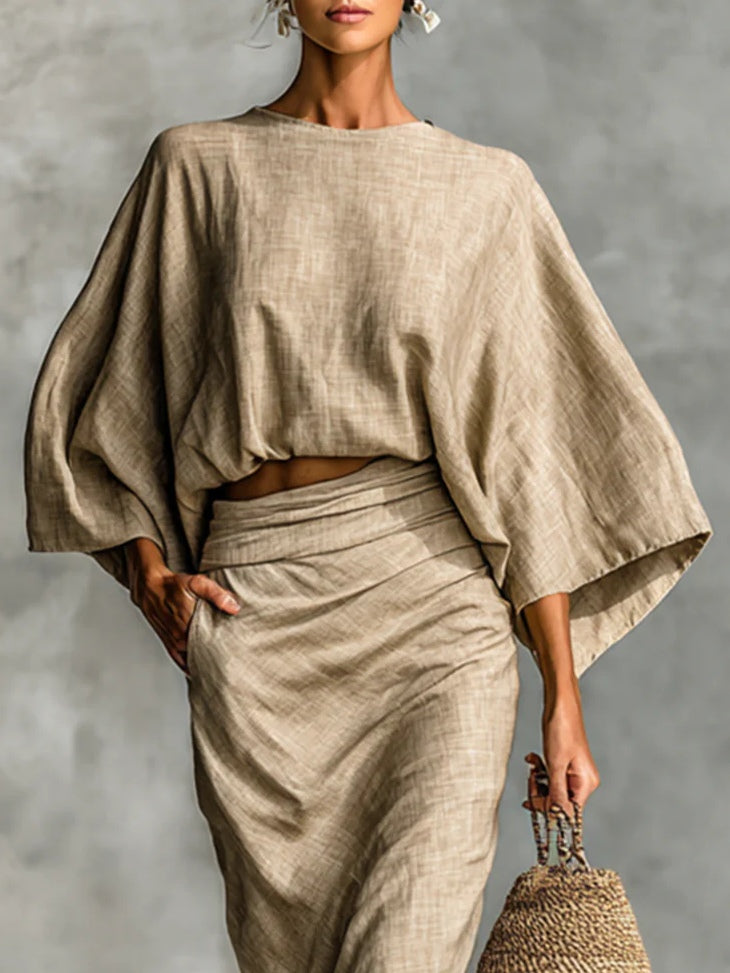 Coordinated Cotton And Linen Blend Bat Sleeve Long Skirt Two-Piece Set