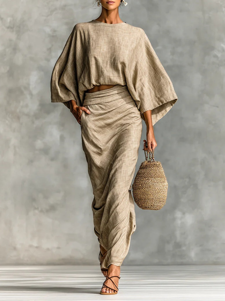 Coordinated Cotton And Linen Blend Bat Sleeve Long Skirt Two-Piece Set