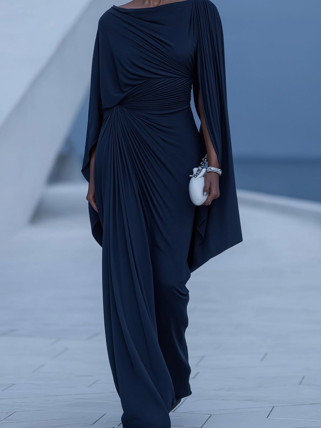 Dark Blue Pleated Cape Draped Maxi-Length Dress