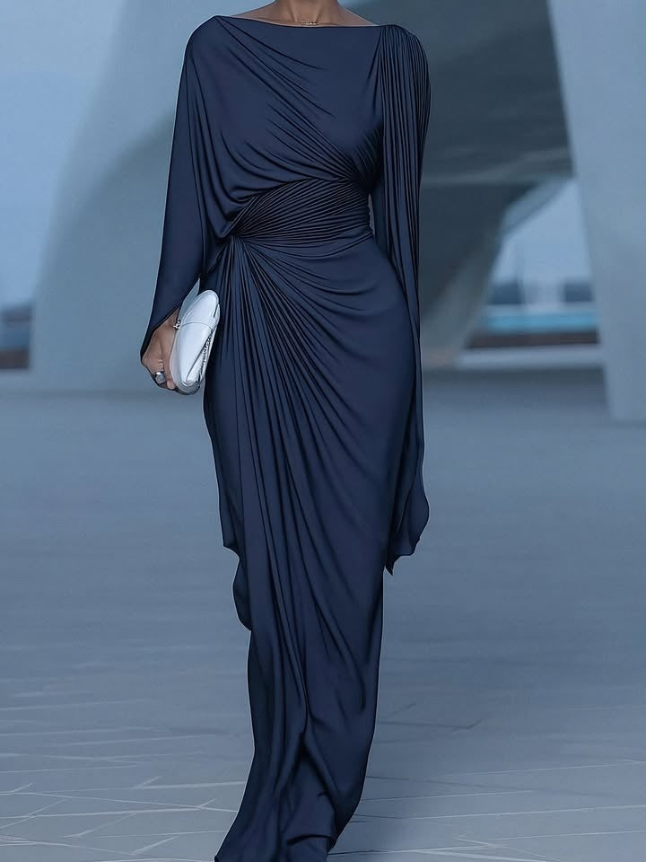 Dark Blue Pleated Cape Draped Maxi-Length Dress