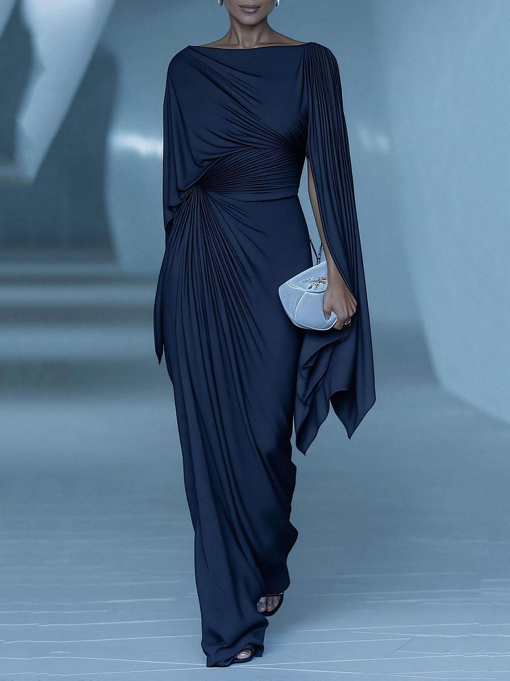 Dark Blue Pleated Cape Draped Maxi-Length Dress