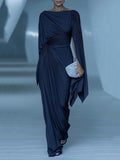 Dark Blue Pleated Cape Draped Maxi-Length Dress