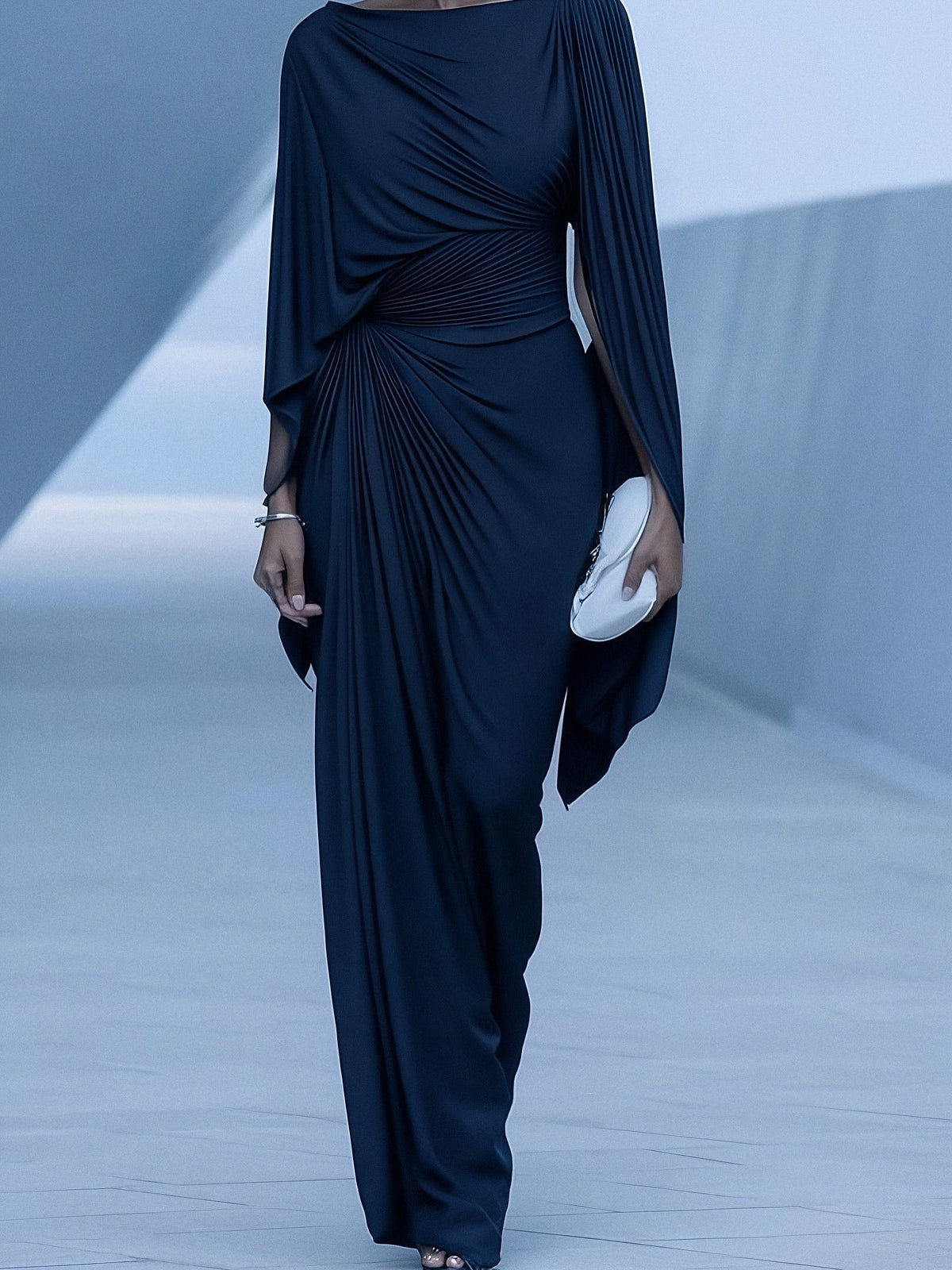 Dark Blue Pleated Cape Draped Maxi-Length Dress