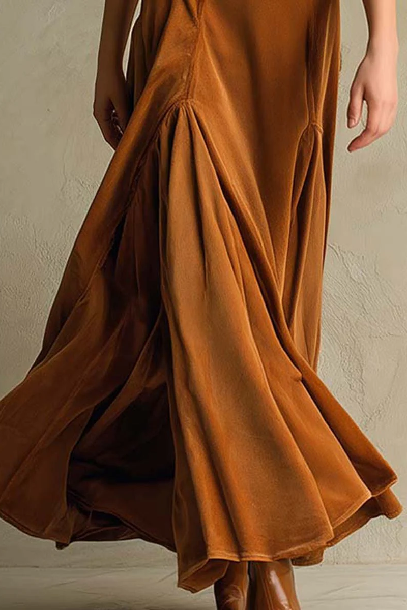 Brown Refined Retro Suit Collar Velvet Long Dress