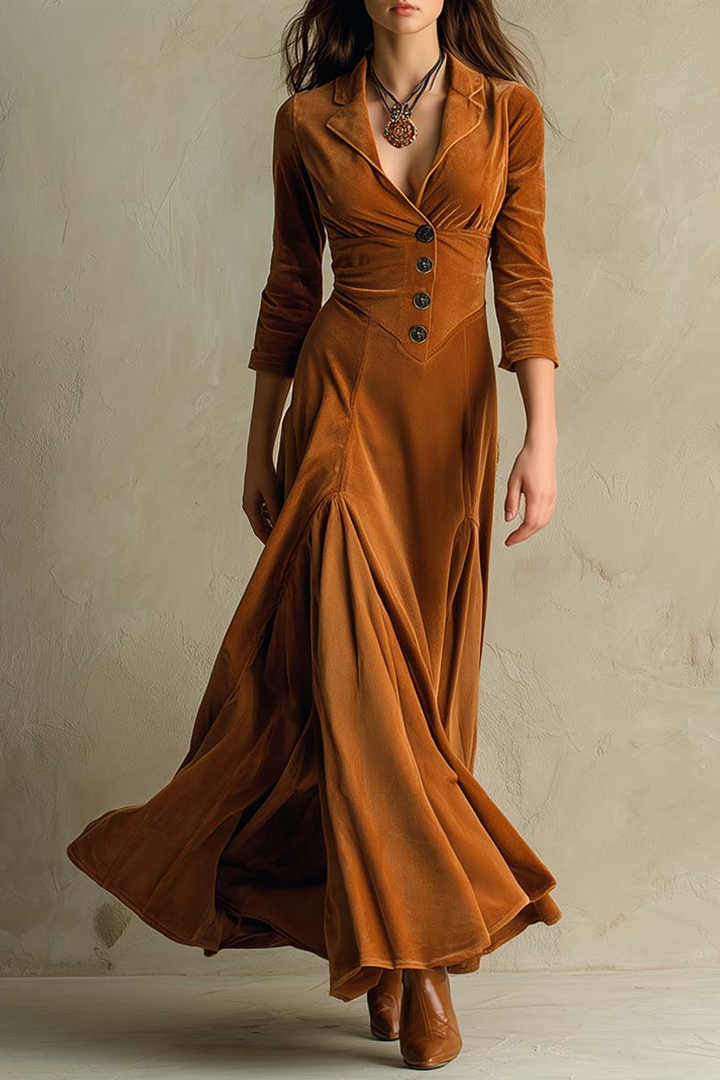Brown Refined Retro Suit Collar Velvet Long Dress