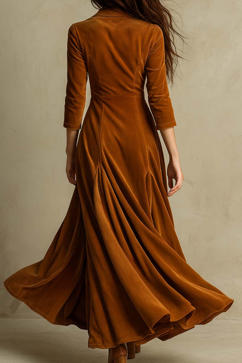 Brown Refined Retro Suit Collar Velvet Long Dress