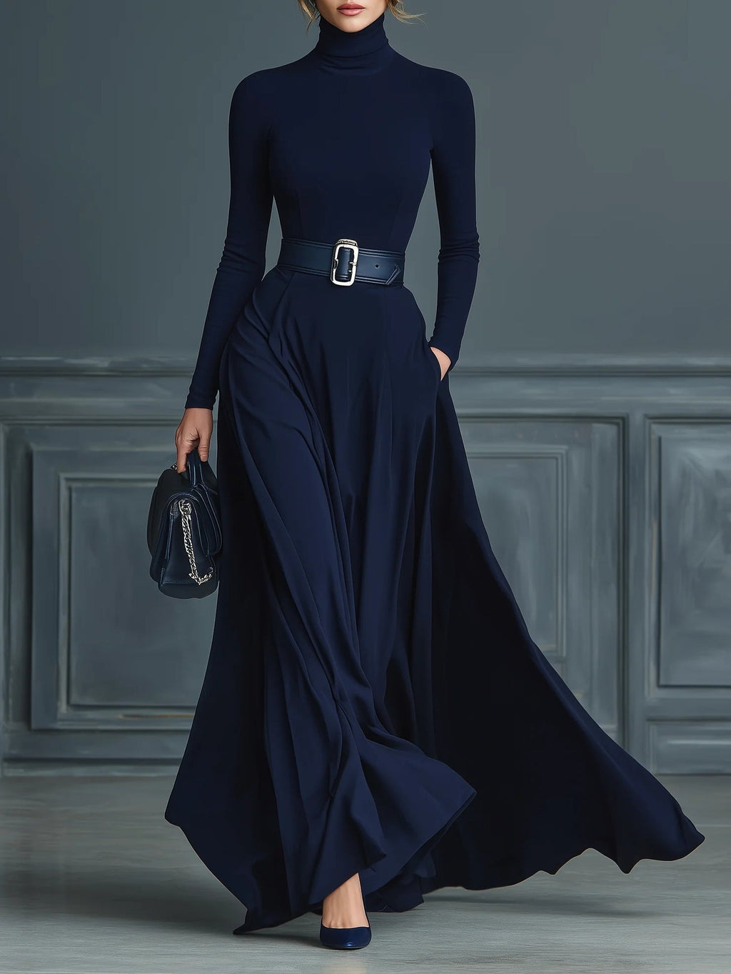 Modern Dark Blue Knitted High-neck Dress