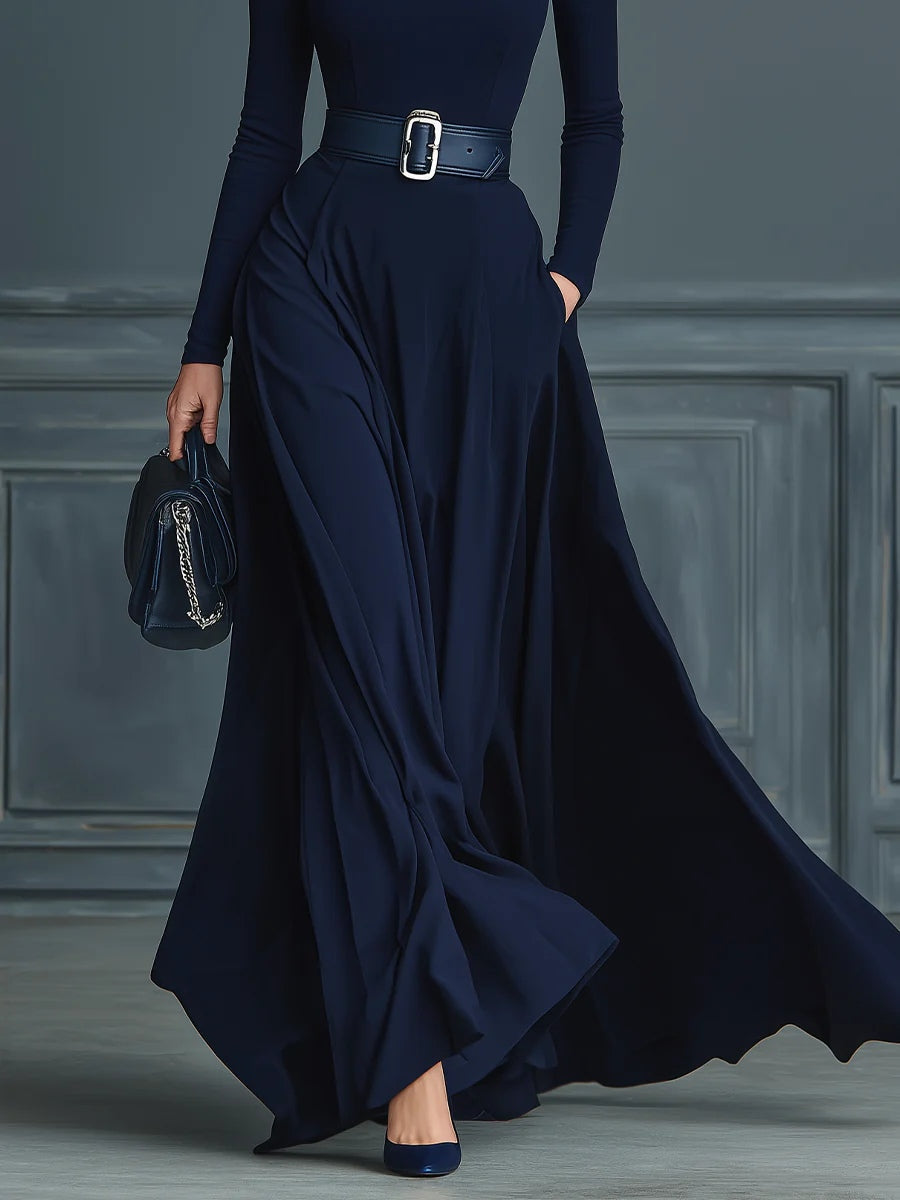 Modern Dark Blue Knitted High-neck Dress