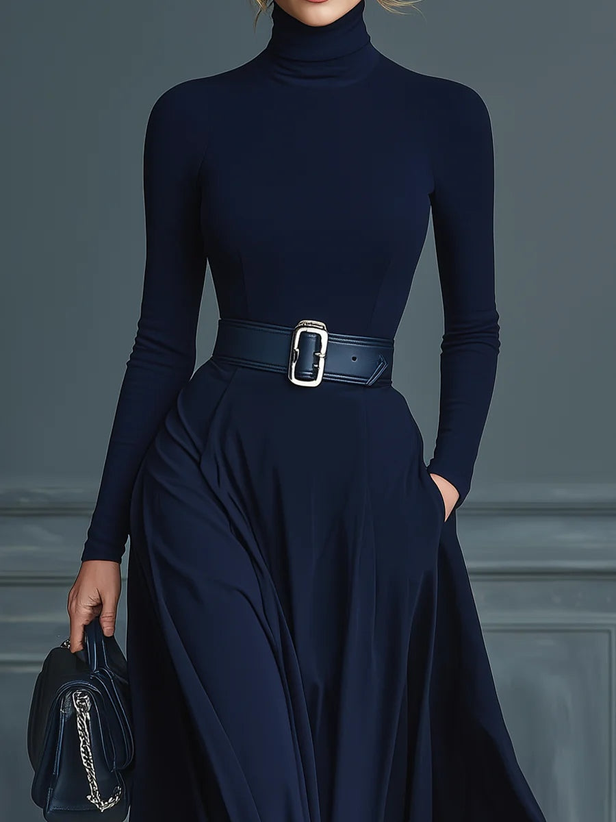 Modern Dark Blue Knitted High-neck Dress