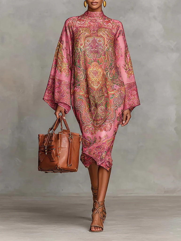Pink Paisley Print Flared Long Sleeve Loose Midi-Length Dress