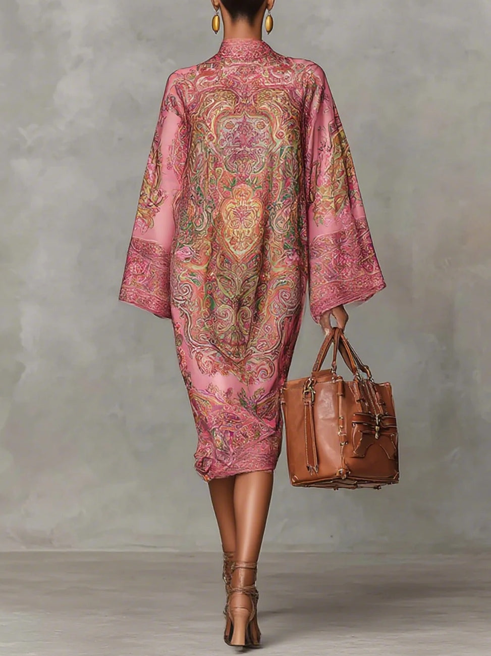 Pink Paisley Print Flared Long Sleeve Loose Midi-Length Dress