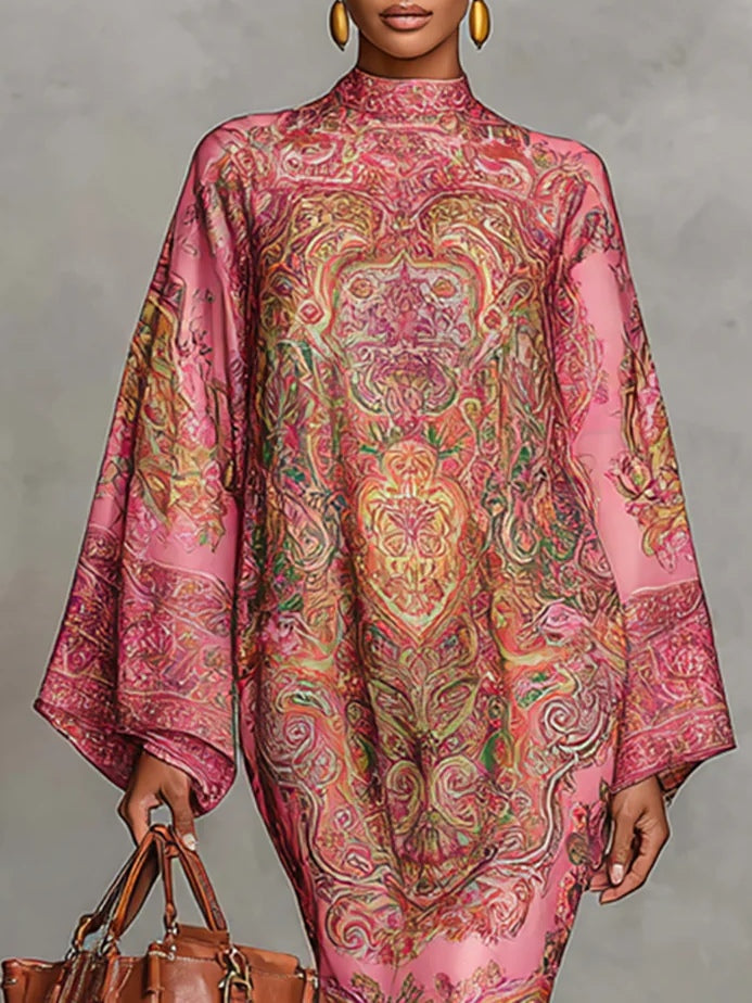 Pink Paisley Print Flared Long Sleeve Loose Midi-Length Dress