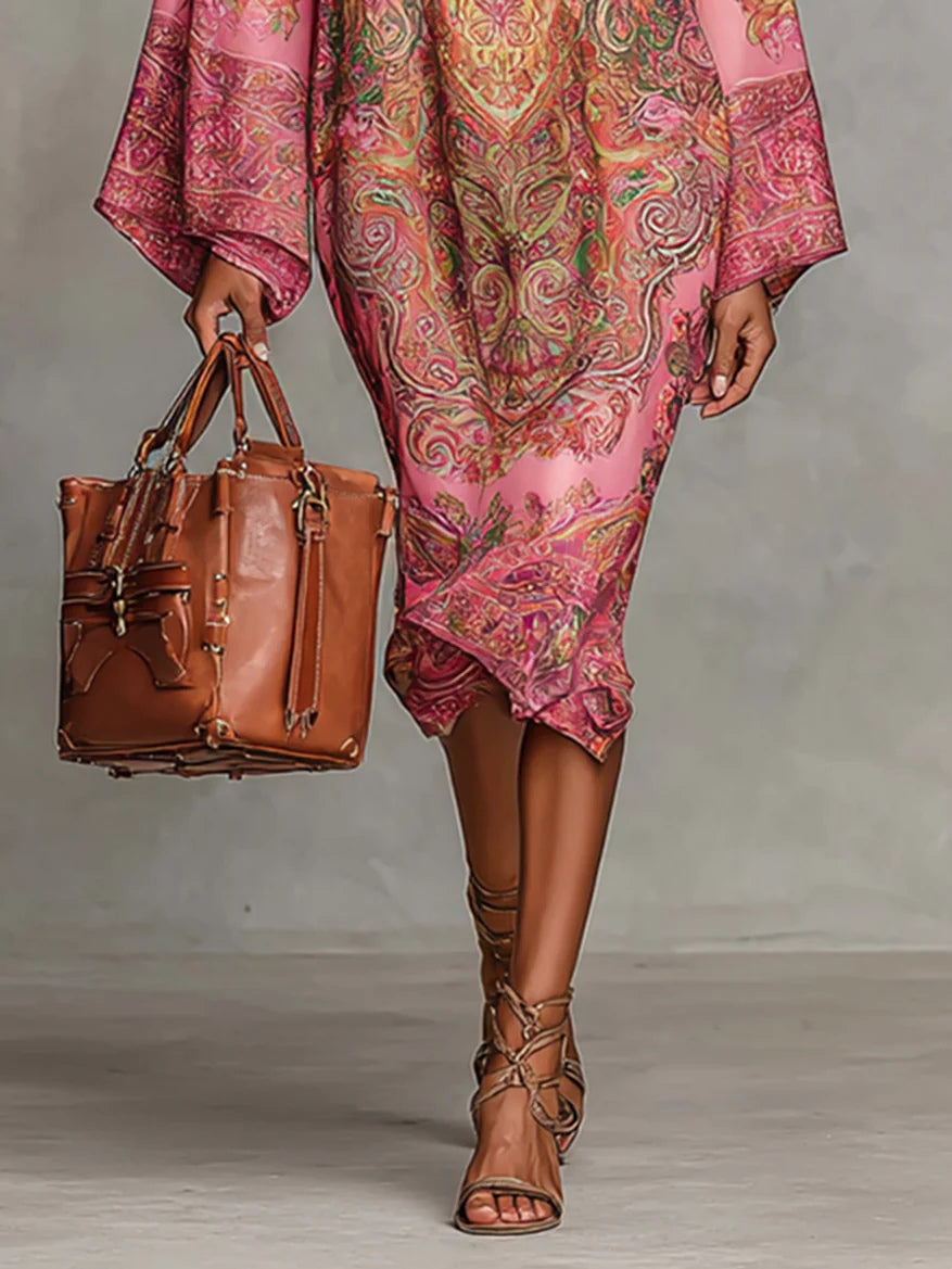 Pink Paisley Print Flared Long Sleeve Loose Midi-Length Dress