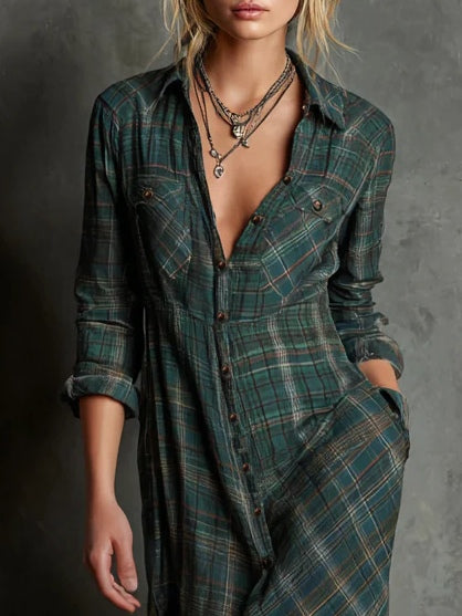 Modern Green Plaid Lapel Single-Breasted Shirt Long Dress