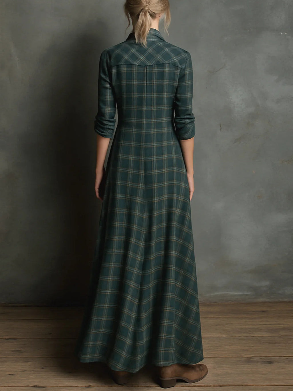 Modern Green Plaid Lapel Single-Breasted Shirt Long Dress