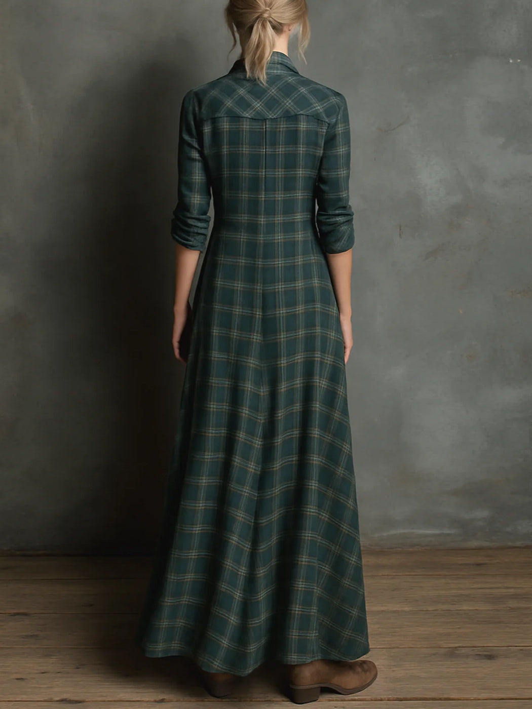 Modern Green Plaid Lapel Single-Breasted Shirt Long Dress