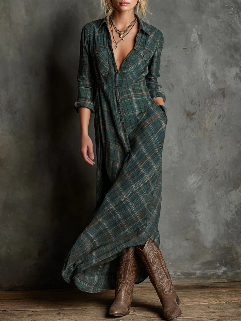 Modern Green Plaid Lapel Single-Breasted Shirt Long Dress