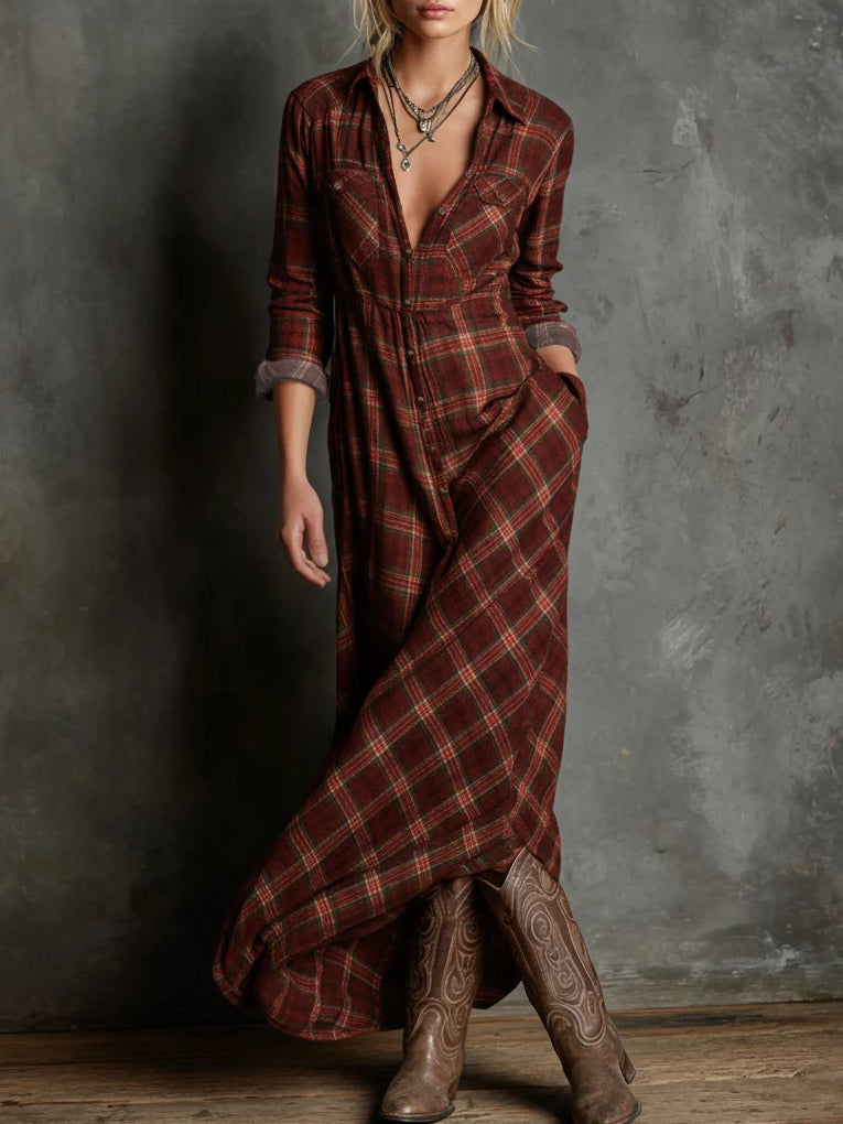 Modern Green Plaid Lapel Single-Breasted Shirt Long Dress