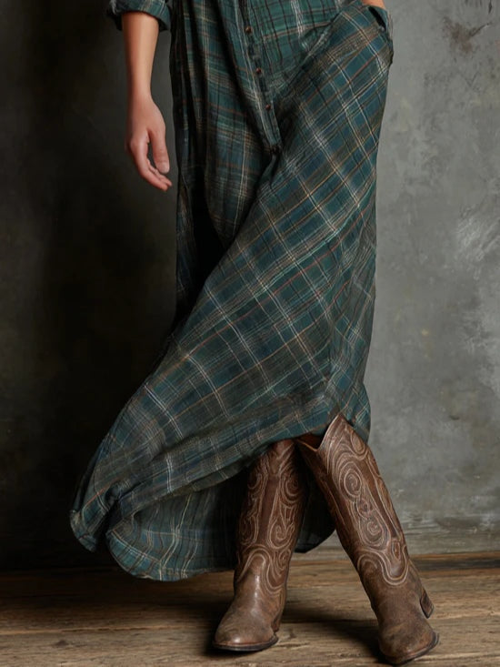 Modern Green Plaid Lapel Single-Breasted Shirt Long Dress