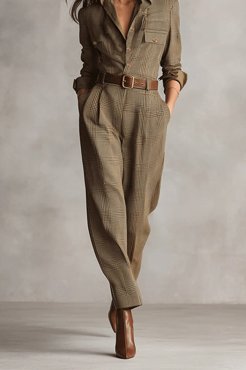 Modern Brown Sophisticated Tweed Texture Plaid Utility Jumpsuit