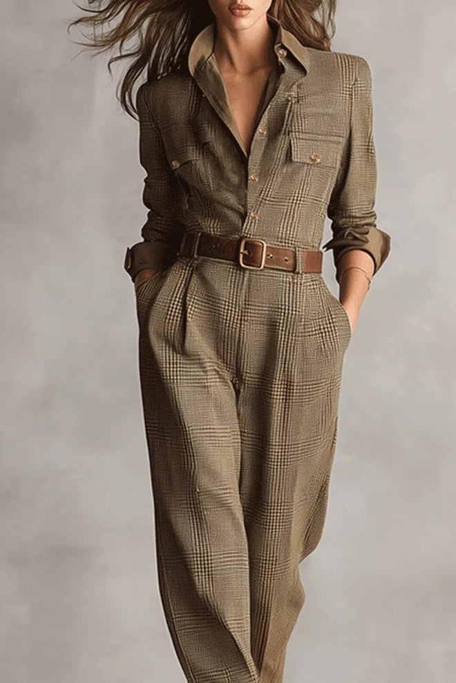 Modern Brown Sophisticated Tweed Texture Plaid Utility Jumpsuit