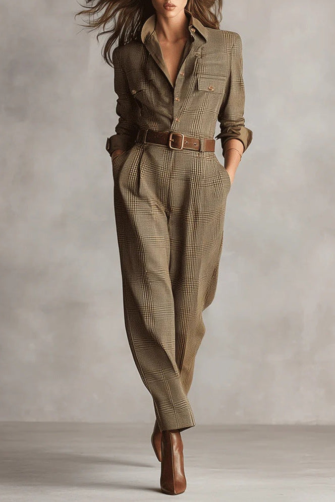 Modern Brown Sophisticated Tweed Texture Plaid Utility Jumpsuit
