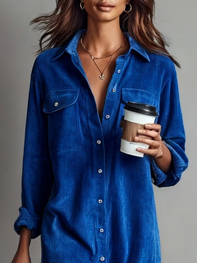 Loose Corduroy Double Chest Pocket Single Breasted Midi-Length Dress