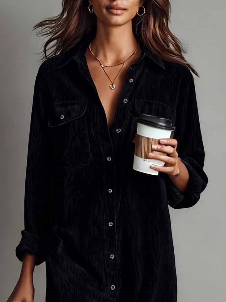 Loose Corduroy Double Chest Pocket Single Breasted Midi-Length Dress