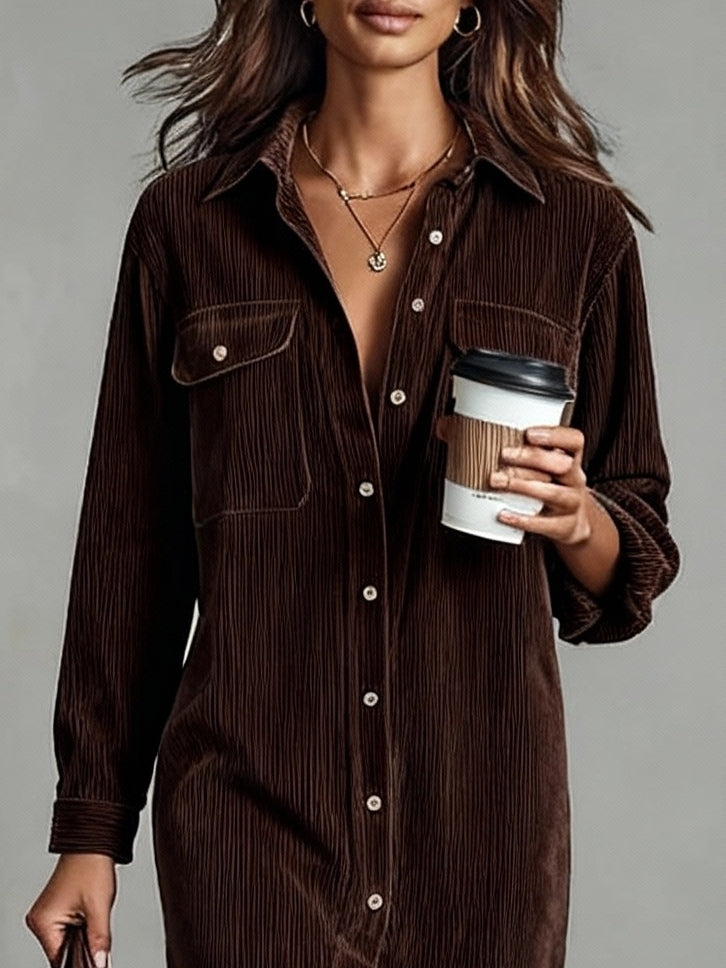 Loose Corduroy Double Chest Pocket Single Breasted Midi-Length Dress