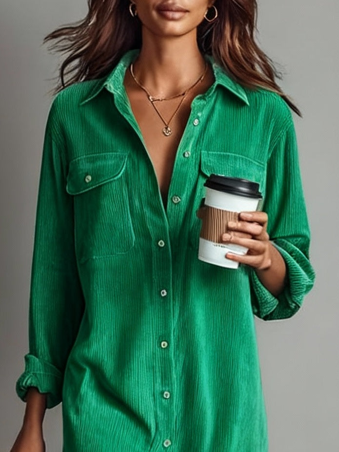 Loose Corduroy Double Chest Pocket Single Breasted Midi-Length Dress