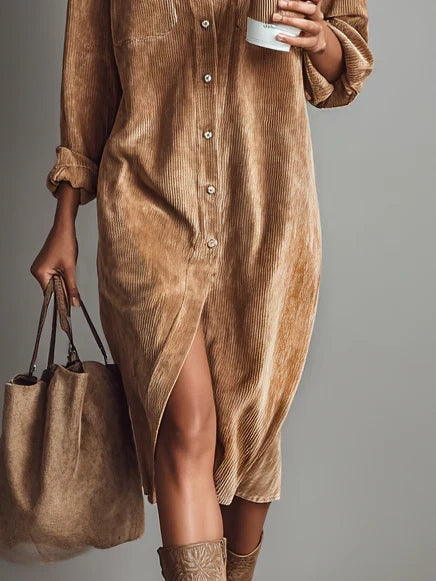 Loose Corduroy Double Chest Pocket Single Breasted Midi-Length Dress