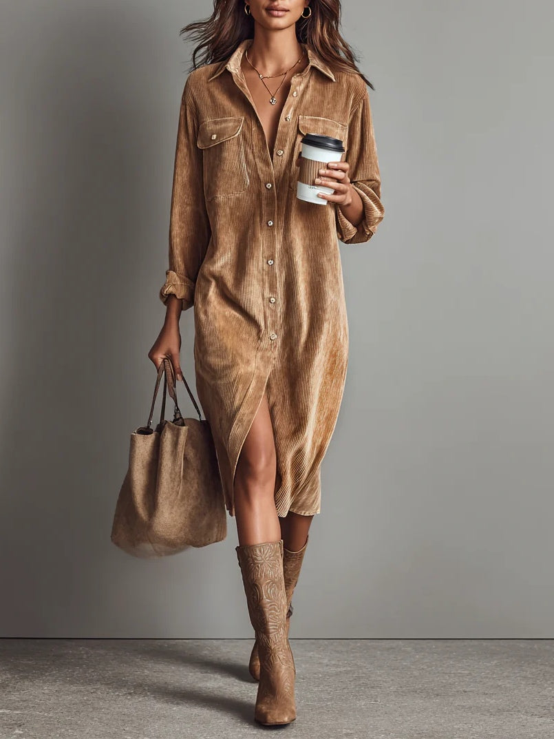 Loose Corduroy Double Chest Pocket Single Breasted Midi-Length Dress