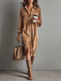 Loose Corduroy Double Chest Pocket Single Breasted Midi-Length Dress