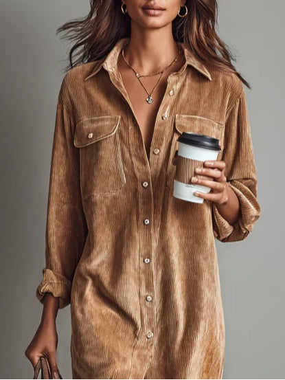 Loose Corduroy Double Chest Pocket Single Breasted Midi-Length Dress
