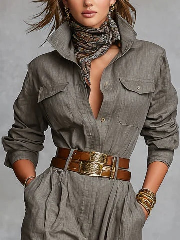 Modern Cotton And Linen Blended Long Sleeve Shirt Jumpsuit