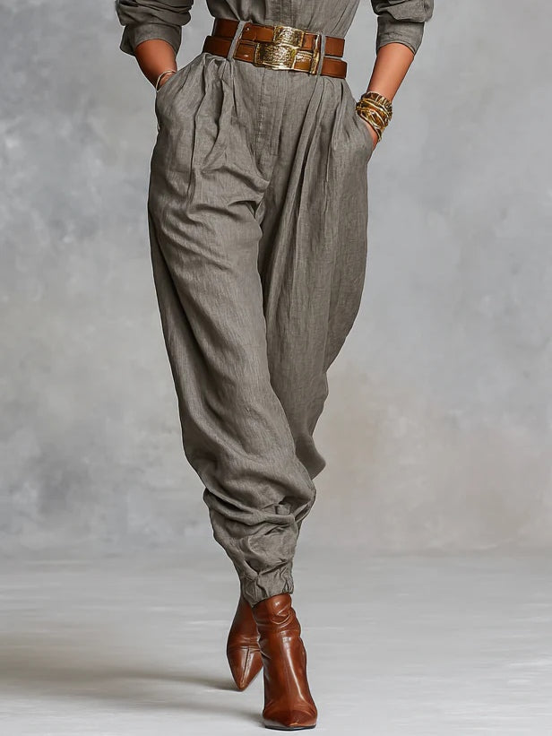 Modern Cotton And Linen Blended Long Sleeve Shirt Jumpsuit