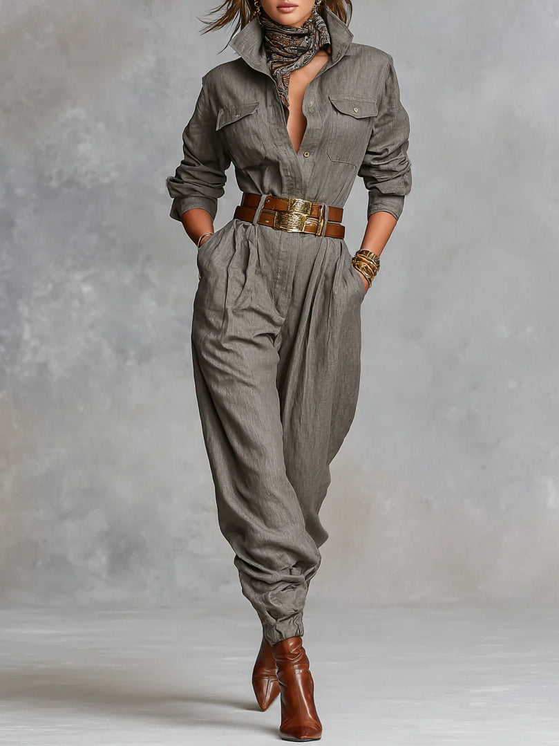 Modern Cotton And Linen Blended Long Sleeve Shirt Jumpsuit