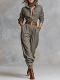 Modern Cotton And Linen Blended Long Sleeve Shirt Jumpsuit