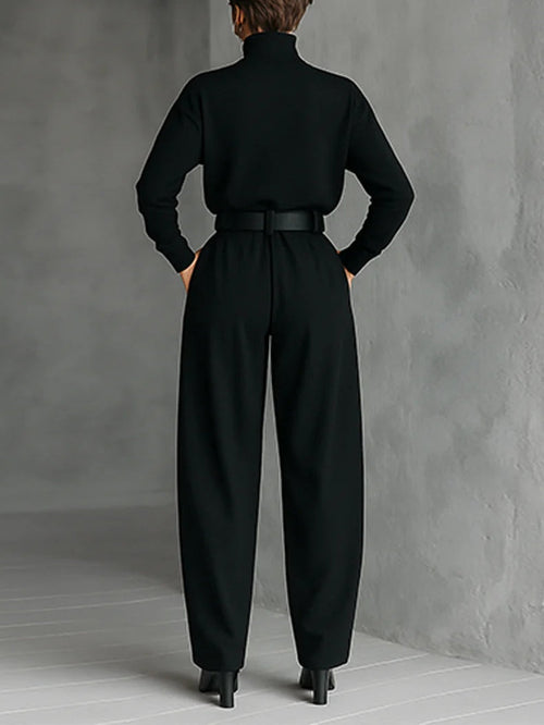 All-black Turtleneck Long-sleeved T-shirt And Straight-leg Trousers Two-Piece Set (including Belt)